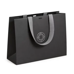 Custom Logo Matte Black Paper Gift Bag with Ribbon Handles Branded Shopping Bag for Boutique Jewelry Cosmetics