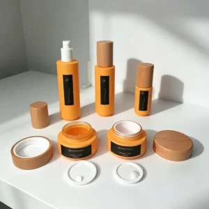 Custom Logo Orange Glass Cosmetic Container Kit Natural Wood Cap Lotion Bottle for Skin Care Packaging