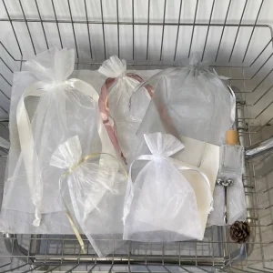 Custom Logo Organza Mesh Drawstring Gift Bag with Ribbon for Wedding Favor and Jewelry Packaging