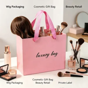 Custom Logo Pink Paper Gift Bag Reusable Handle Shopping Tote Bag for Cosmetic Wig Beauty Retail Packaging