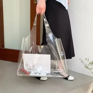 Custom Logo Plastic Large Big Medium Small Yellow Reinforced Handle Clear PVC Gift Beach Shopping Tote Bag