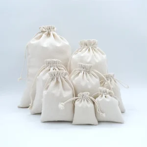 Custom Logo Print Eco Recycled Cotton Canvas Material Cosmetic Storage Pouch Dust Bag with Drawstring Small Gift Jewelry