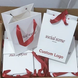 Custom Logo Print Small Size Gift and Accessories Packaging Ceremony Gift Carry Paper Bags with Matching Ribbon Handle