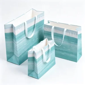 Custom Logo Print Summer Ocean Watercolor White Satin Handle for Holiday Gift Packaging Paper Bag
