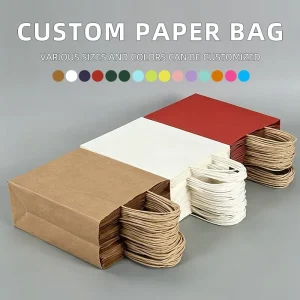 Custom Logo Printed Brown Kraft Reinforced Handle Greaseproof Food Safe Corporate Catering Beverage Coffee Paper Bags