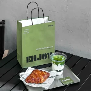 Custom Logo Printed Brown Kraft Twisted Handle Greaseproof Disposable Food Grade Cafe Beverage Takeout Coffee Paper Bags