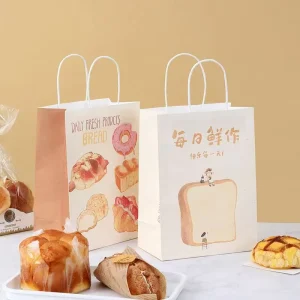 Custom Logo Printed Brown Kraft Twisted Handle Greaseproof Food Grade Bread Pastry Dessert Takeout Bakery Packaging Bags