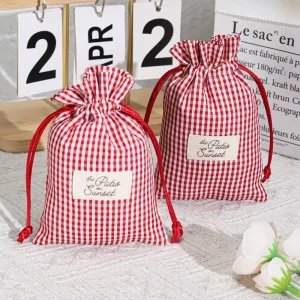 Custom Logo Printed Checkered Fabric Drawstring Cosmetic Pouch Jewelry Perfume Gift Packaging Cotton Muslin Dust Bag