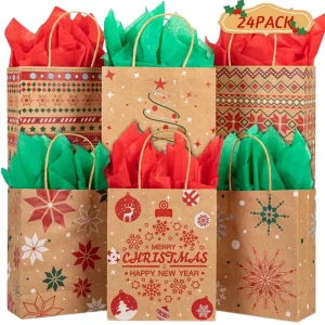 Custom Logo Printed Christmas Pattern Brown Kraft Long Reinforced Handles Holiday Gift Packaging Paper Bags