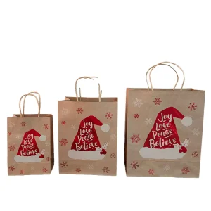 Custom Logo Printed Christmas Style Brown Kraft Long Twisted Handles Holiday Gift Party Favor Packaging Paper Bags