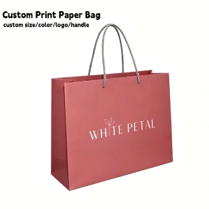 Custom Logo Printed Elegant Rose Pink Paper Shopping Gift Bags for Women Clothing Boutique Brand Retail Packaging