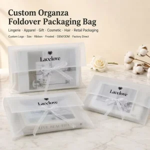 Custom Logo Printed Frosted Organza Envelope Bag with Bow Luxury Organza Flap Clothes Hair Handbag Packing Dust Bag
