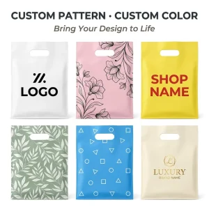 Custom Logo Printed Glossy PE Die Cut Handle Plastic Shopping Bag Reusable Merchandise Bag for Boutique Retail