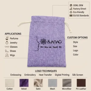 Custom Logo Printed Jute Burlap Gift Drawstring Bag for Cosmetic & Jewelry Hemp Dust Pouch for Coffee Soap Food Packaging