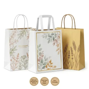 Custom Logo Printed Kraft Paper Flower Shop Bag Square Bottom Twisted Handles Eco Friendly Florist Retail