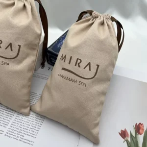 Custom Logo Printed Light Brown Cotton Canvas Gift Jewelry Pouch Small Medium Cotton Drawstring Makeup Packing Dust Bag