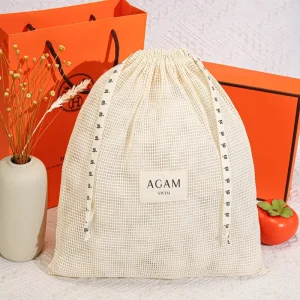 Custom Logo Printed Natural Cotton Mesh Drawstring Swimwear Clothes Storage Pouch Organic Mesh Soap Cosmetic Dust Bag