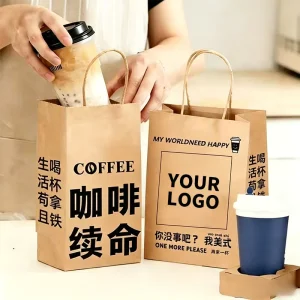 Custom Logo Printed Natural Kraft Flat Handle Greaseproof Food Grade Bakery Cafe Combo Beverage Coffee Paper Bags