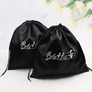 Custom Logo Printed Silk Satin Bundles Hair Caps Packaging Bag Luxury Black Satin Drawstring Clothes Handbag Dust Pouch