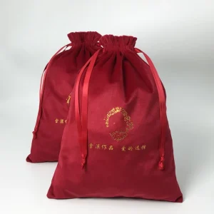 Custom Logo Printed Soft Velvet Drawstring Pouch Red Color Dust Bag Shoes
