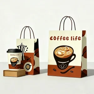 Custom Logo Printed White Kraft Flat Handle Greaseproof Food Grade Supermarket Grocery Beverage Takeaway Coffee Paper Bags