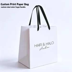 Custom Logo Printed White Medium Size Ribbon Handle Paper Shopping Bags for Hair Salon Cosmetic Store Gift Packaging