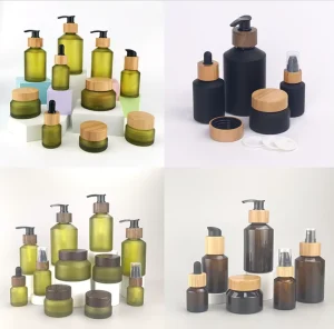 Custom Logo Printing 30ml 50ml Matte Black Glass Serum Lotion Bottles with Bamboo Caps 100ml 200ml Cosmetic Jars