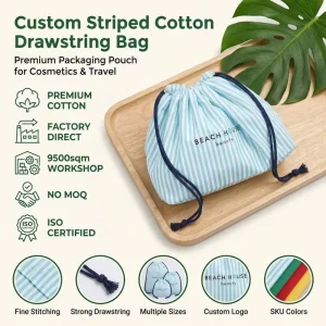 Custom Logo Printing Stripe Cotton Drawstring Cosmetic Pouch Portable Muslin Cotton Makeup Washup Storage Dust Bag