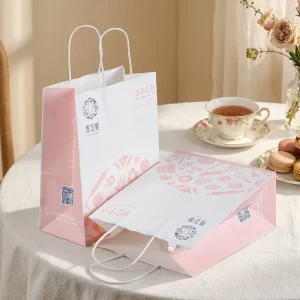 Custom Logo Recyclable Pink Food Delivery Bakery Takeout Packaging Paper Bags Drawstring Handle