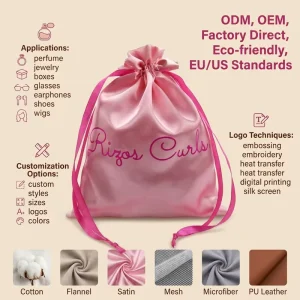 Custom Logo Recyclable Silk Wigs Drawstring Bag Satin Dust Bag Packaging Pouch Bags for Hair Shoes & Perfume