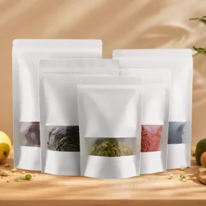 Custom Logo Reusable White Kraft Paper Pouches Stand up Zip Lock Bags With Matte Window Moisture Proof for Nuts