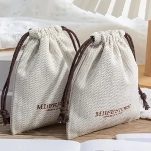 Custom Logo Screen Printed Cotton Linen Drawstring Bag with Herringbone Pattern Dust Pouch for Jewelry Eyewear Glasses Packaging