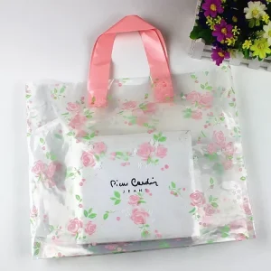 Custom Logo Silk Screen Printed PE Plastic Soft Loop Handle Reusable Waterproof T Shirt Shopping Tote Bags for Clothing Shoes