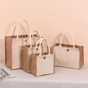 Custom Logo Size Blank Jute Canvas Tote Bag with Button Reusable Shopping Cotton Hemp Burlap Jute Tote Bags for Gift