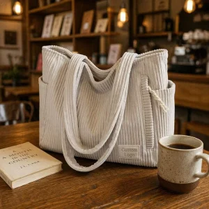 Custom Logo Striped Corduroy Shopping Tote Bag Lightweight Large Capacity Shoulder Handbag with Zip for Women Ladies Daily Use