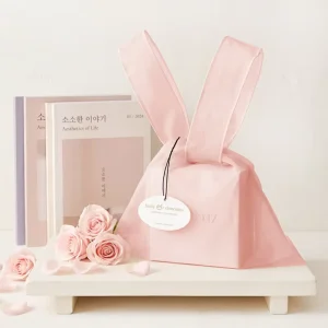 Custom Logo Transparent Organza Handbag Sheer Mesh Gift Bag with Bunny Ears Bow Handle for Cosmetics Jewelry Packaging