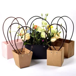 Custom Logo Waterproof Flower Paper Bag with Long Handle Luxury Trapezoid Bouquet Packaging Bag for Florist Supplies