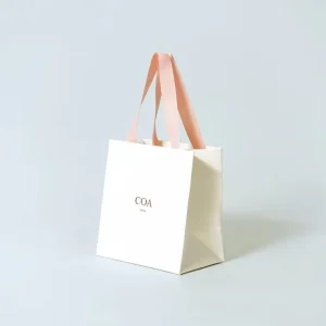 Custom Logo White Paper Gift Bag Pink Ribbon Handle Luxury Packaging for Cosmetic Jewelry Clothing Boutique Store