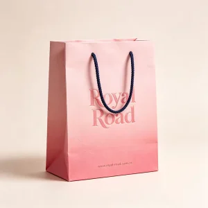 Custom Luxury Pink Gradient Long Recyclable Paper Bag Embossed Logo Royal Road Blue Rope Handle Printed Website Shopping Gift