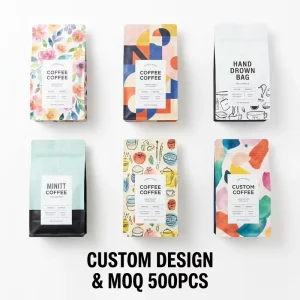 Custom Matte Colorful Personalized Graffiti Stand up Pouch Mono PE Recyclable Flat Bottom Coffee Bag with Valve