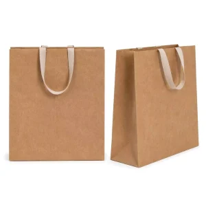 Custom Natural Kraft Paper Gift Bag Woven Ribbon Handle Shopping Bag Custom Logo Eco Friendly Factory