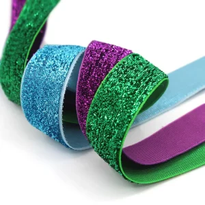 Custom Nylon Single Side No elastic Roll Wired Ribbon Purple Green Shiny Metallic Glitter Velvet Ribbon Trim for Gift Packing