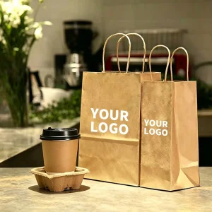 Custom Offset Printed White Kraft Twisted Handle Greaseproof Food Grade Hotel Catering Beverage Takeaway Coffee Paper Bags