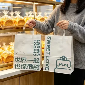 Custom Offset Printed White Kraft Twisted Handle Greaseproof Food Grade Hotel Catering Dessert Cake Takeout Bags