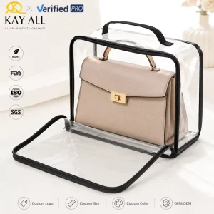 Custom PVC Dust Bag for Purse Handbag Organizer Waterproof Zipper Stand up Storage Pouch Travel Cosmetic Bag OEM Logo