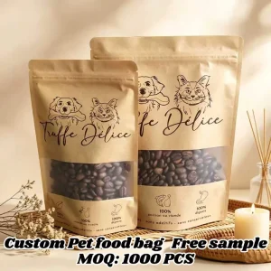 Custom Pet Food Bag Kraft Paper Stand up Bag with Frost Window Tear Notch and Reusable Zipper Packaging Solution