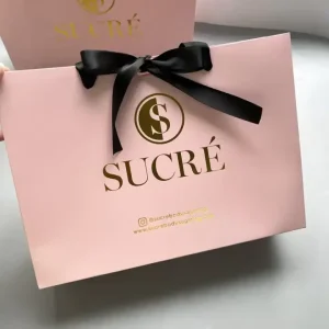 Custom Pink Logo Gold Foil Ribbon Handles Luxury Paperboard Bag