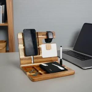 Custom Portable Phone Holder Docking Station Acacia Wood Office Accessories Organizer Desk for Home Office Drawer Rack