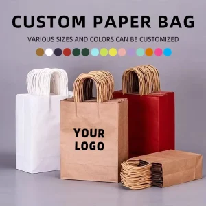 Custom Print Logo Eco Friendly Disposable Recyclable Kraft Paper Bag for Bread Cakes Beverage Coffee Takeaway Handle