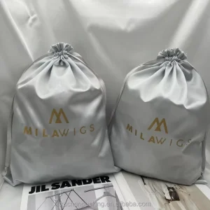 Custom Printed 30*40cm Silk Satin Drawstring Recyclable Reusable Dust Proof Bags for Baseball Cap Wig Hair Extension Storage